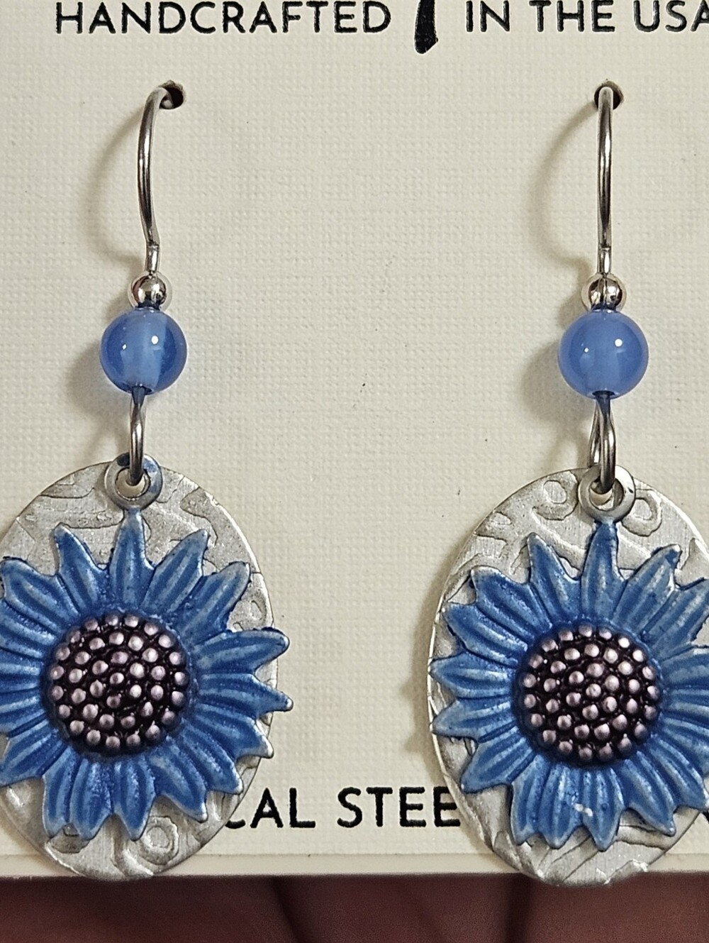 Silver Forest Blue and Silver Sunflower Surgical Steel Earrings